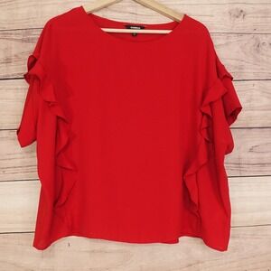Express Blouse Womens M Red Boat Neck Short Flutter Sleeve Ruffle Chiffon Top